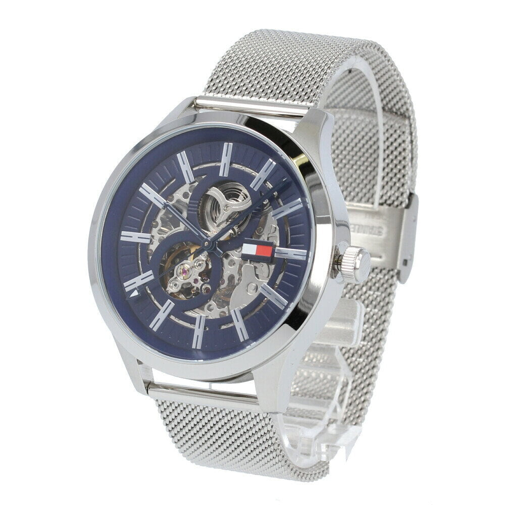 Tommy Hilfiger Spencer Skeleton Black Dial Silver Mesh Bracelet Watch for Men - 1791643