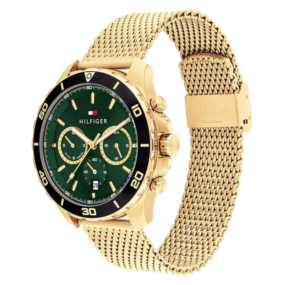Tommy Hilfiger Jordan Chronograph Green Dial Gold Mesh Strap Watch For Men - 1792093