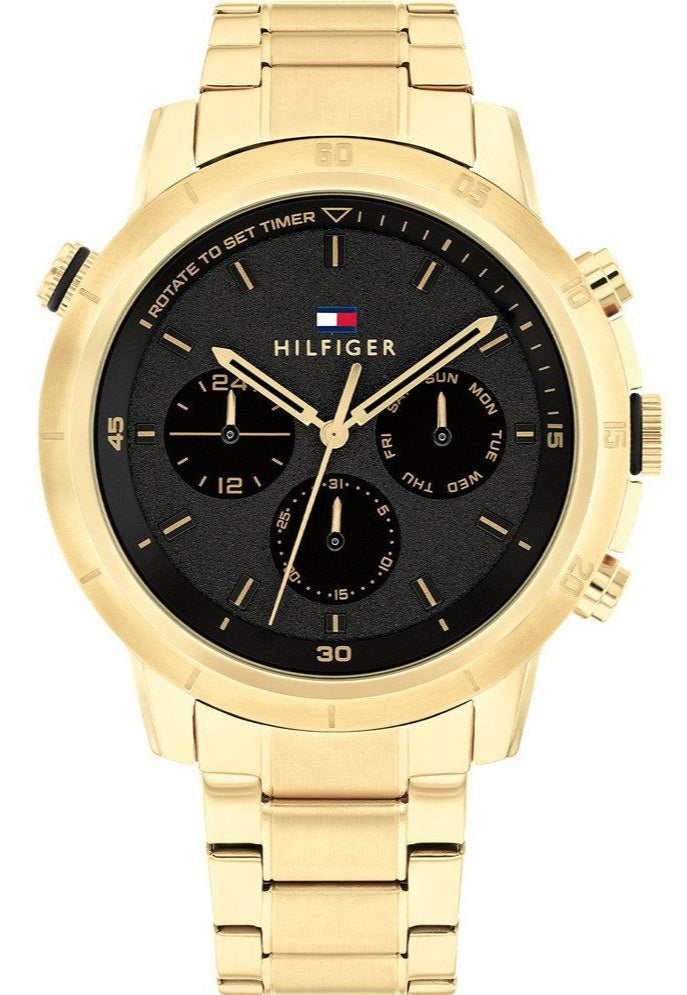 Tommy Hilfiger Troy Chronograph Black Dial Gold Steel Strap Watch For Men - 1792109