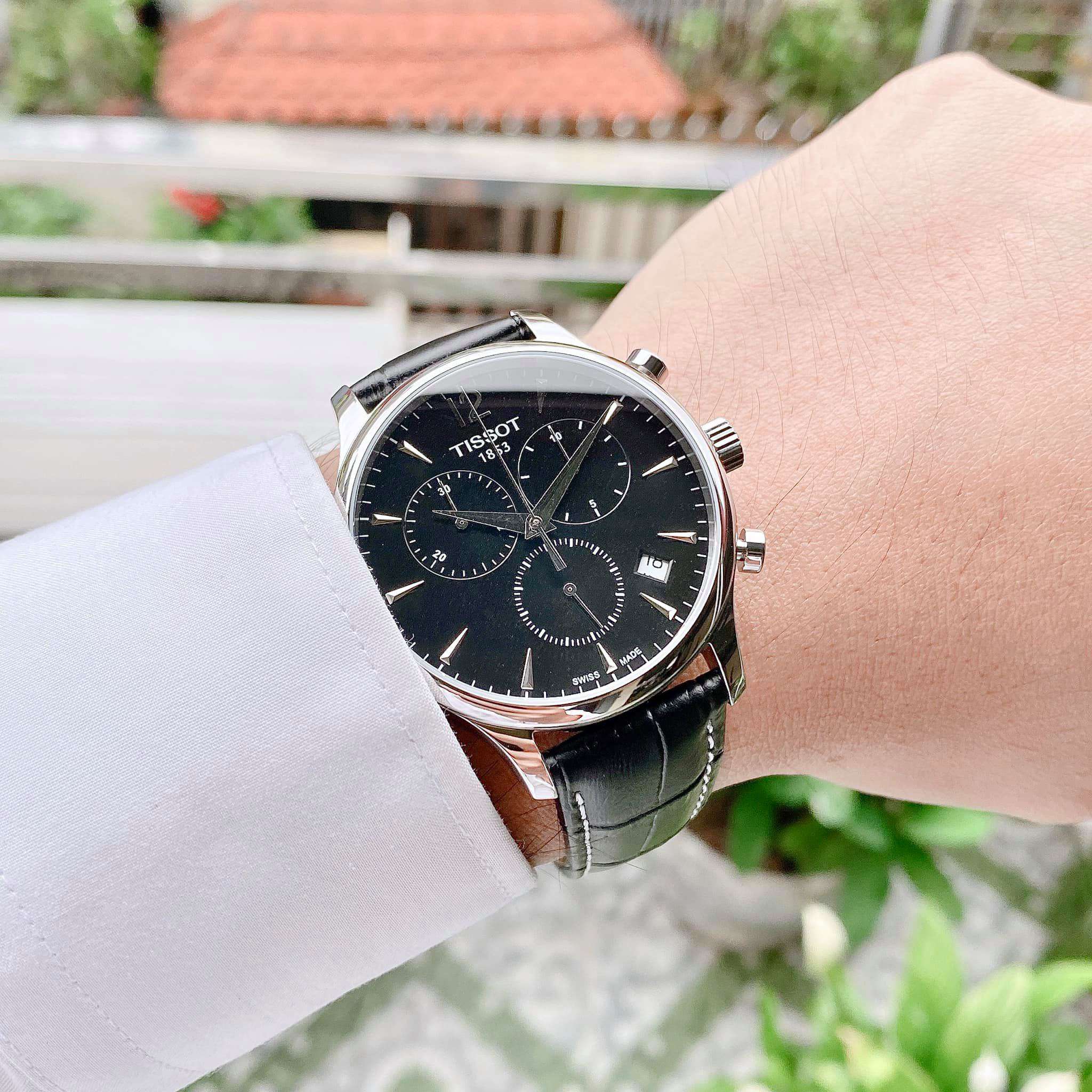 Tissot T Classic Tradition Chronograph Black Dial Black Leather Strap Watch For Men - T063.617.16.057.00