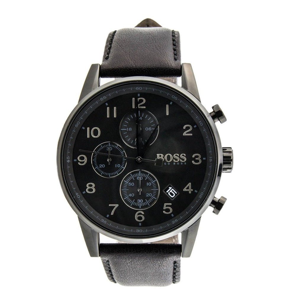 Hugo Boss Navigator Black Dial Black Leather Strap Watch for Men - 1513497