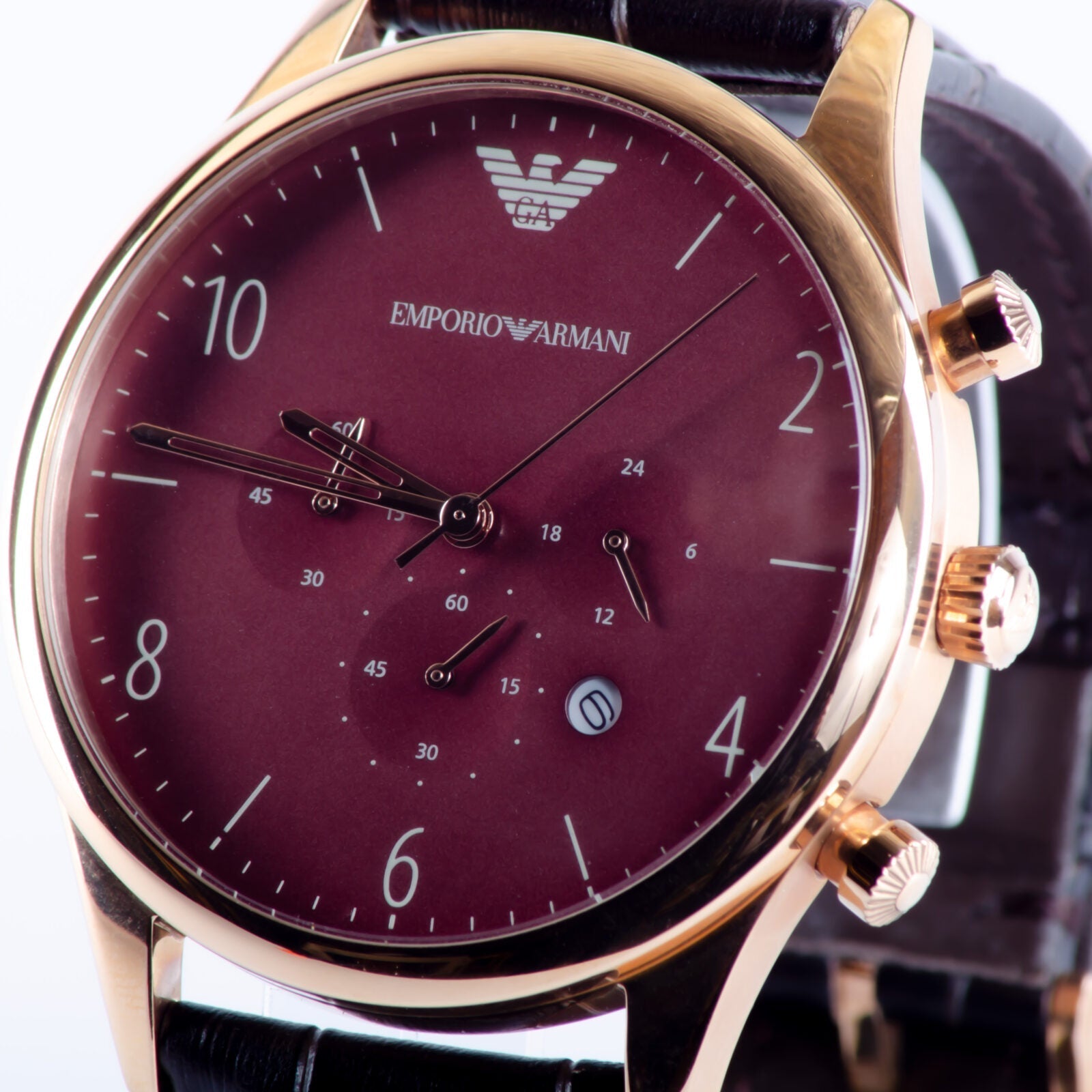 Emporio Armani Classic Chronograph Burgundy Dial Brown Leather Strap Watch For Men - AR1890