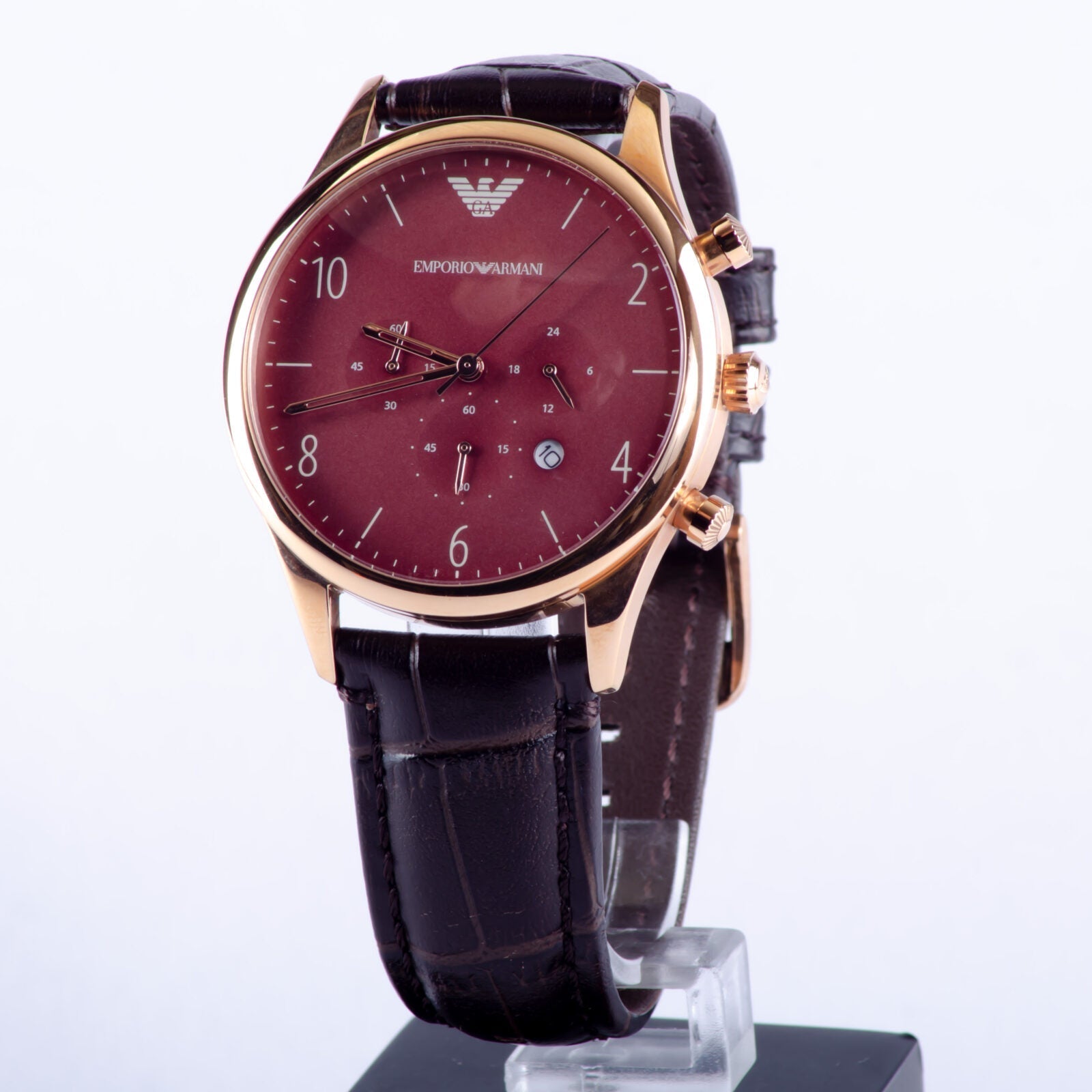 Emporio Armani Classic Chronograph Burgundy Dial Brown Leather Strap Watch For Men - AR1890