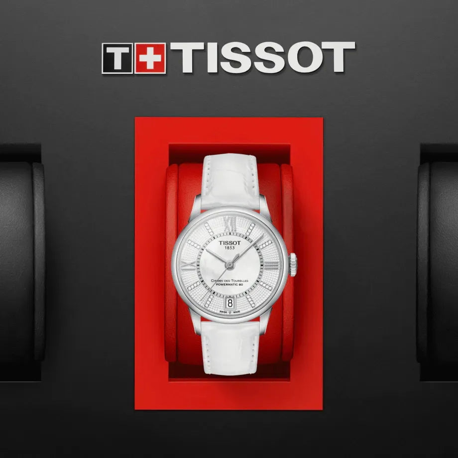 Tissot Chemin Des Tourelles Powermatic 80 Lady White Dial White Leather Strap Watch For Women - T099.207.16.116.00