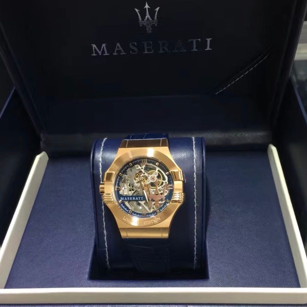 Maserati Automatic Skeleton Dial Rose Gold Blue Leather Strap Watch For Men - R8821108022
