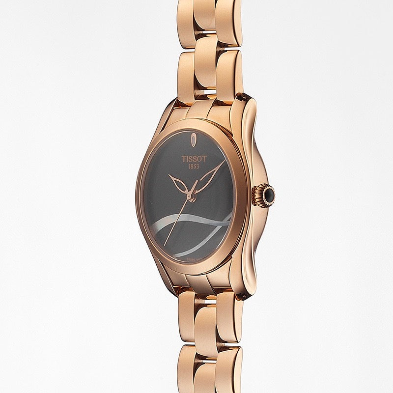 Tissot T Wave Black Dial Rose Gold Steel Strap Watch For Women - T112.210.33.051.00