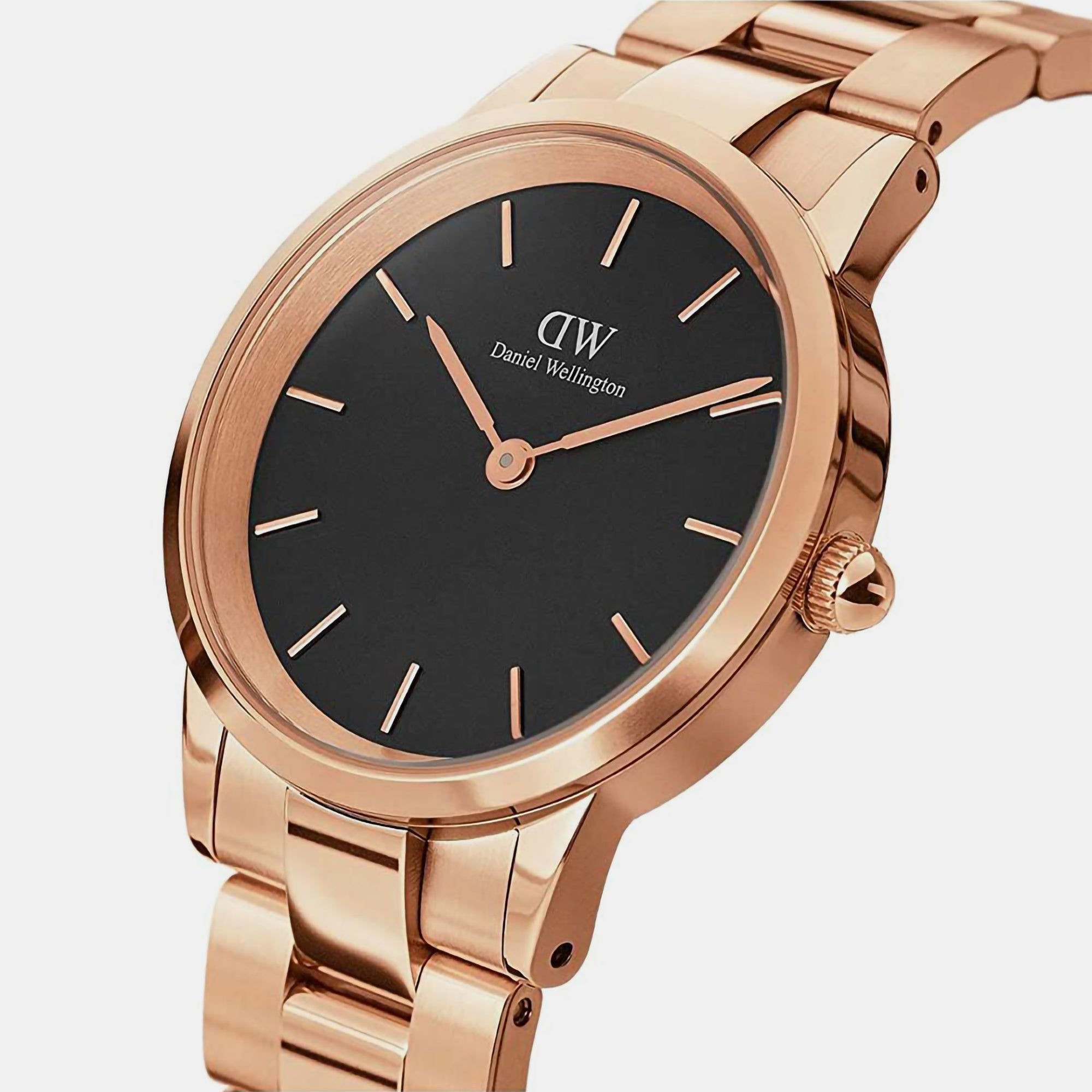 Daniel Wellington Iconic Link Black Dial Rose Gold Steel Strap Watch for Women - DW00100210