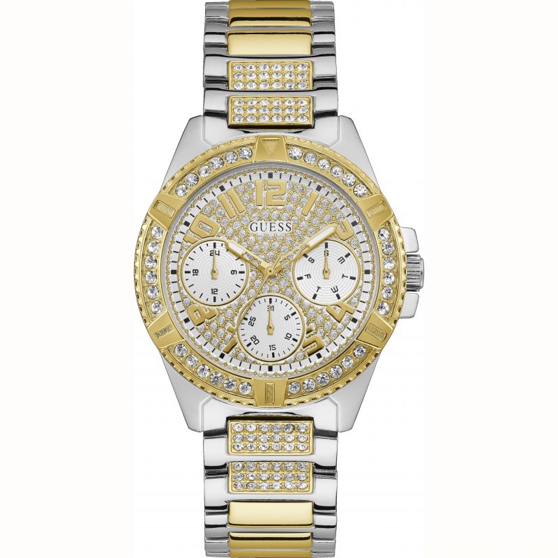 Guess Frontier Chronograph Crystals Gold Dial Two Tone Steel Strap Watch For Women - W1156L5