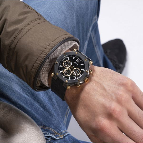 Guess Edge Chronograph Black Dial Black Leather Strap Watch For Men - GW0492G1