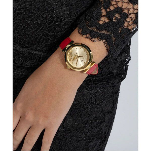 Guess Trend Dragon Gold Dial Red Leather Strap Watch For Women - GW0646L1