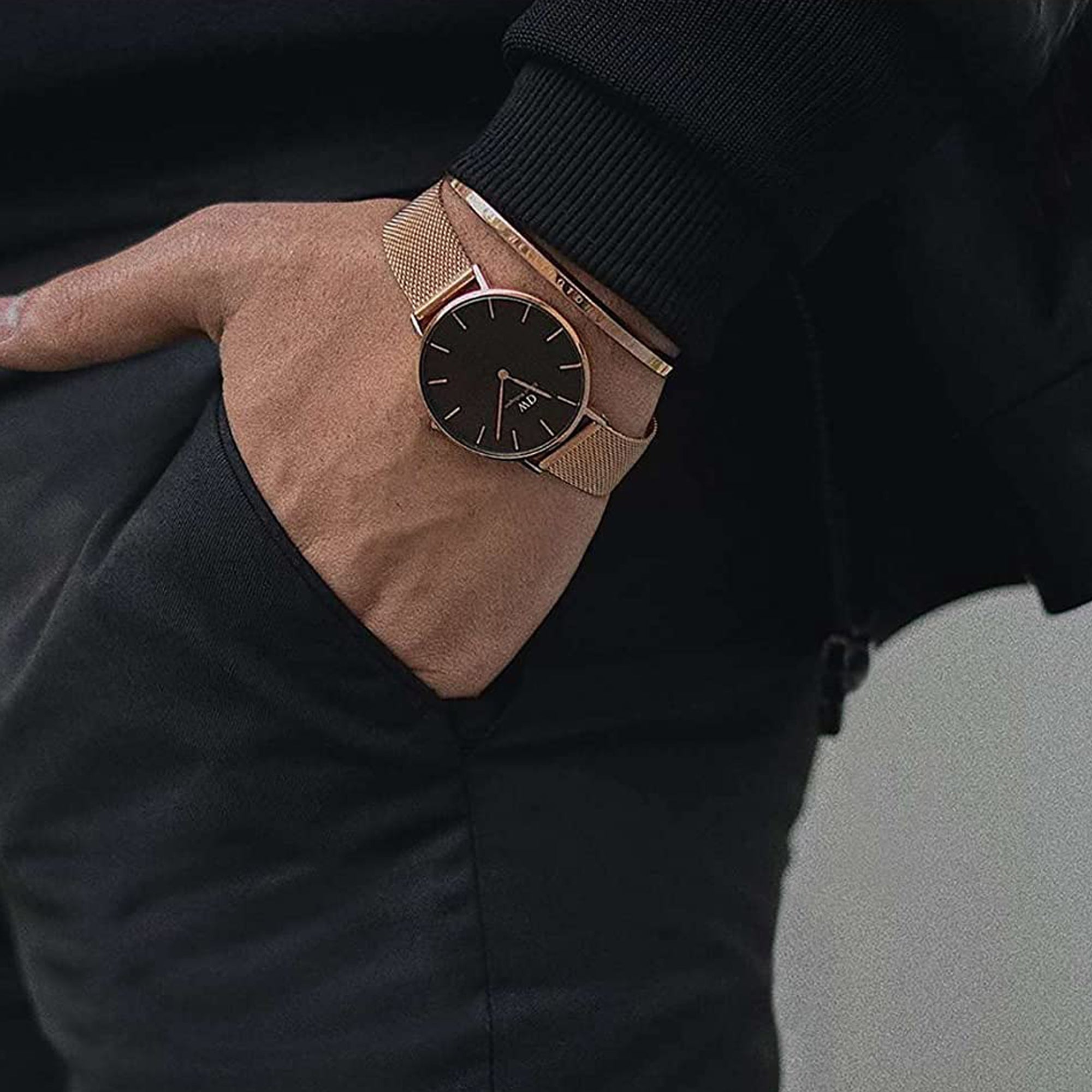 Daniel Wellington Petite Melrose Black Dial Rose Gold Mesh Strap Watch For Women - DW00100303