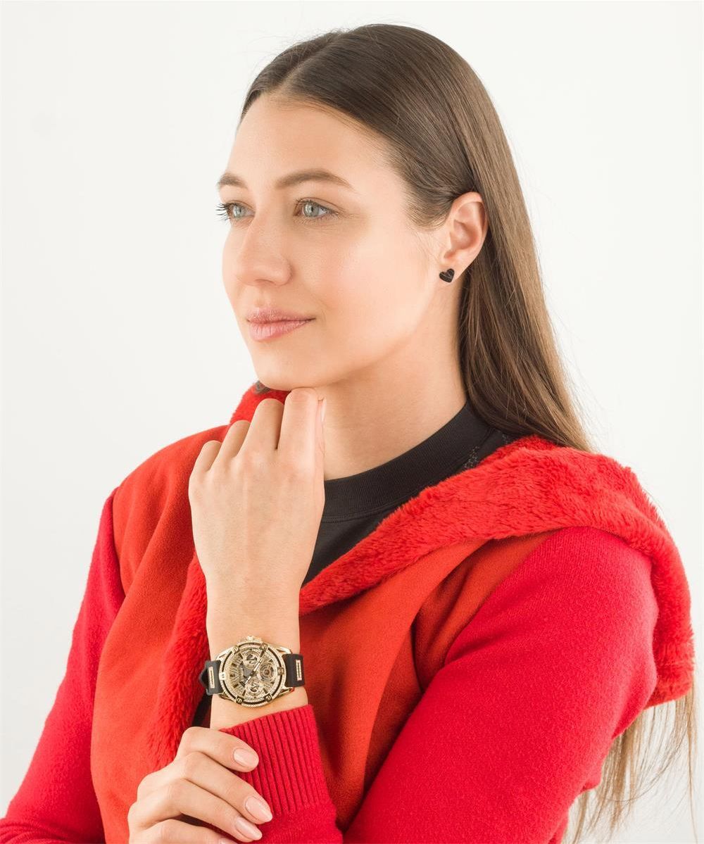 Guess Queen Quartz Gold Dial Black Silicone Strap Watch For Women - GW0536L3