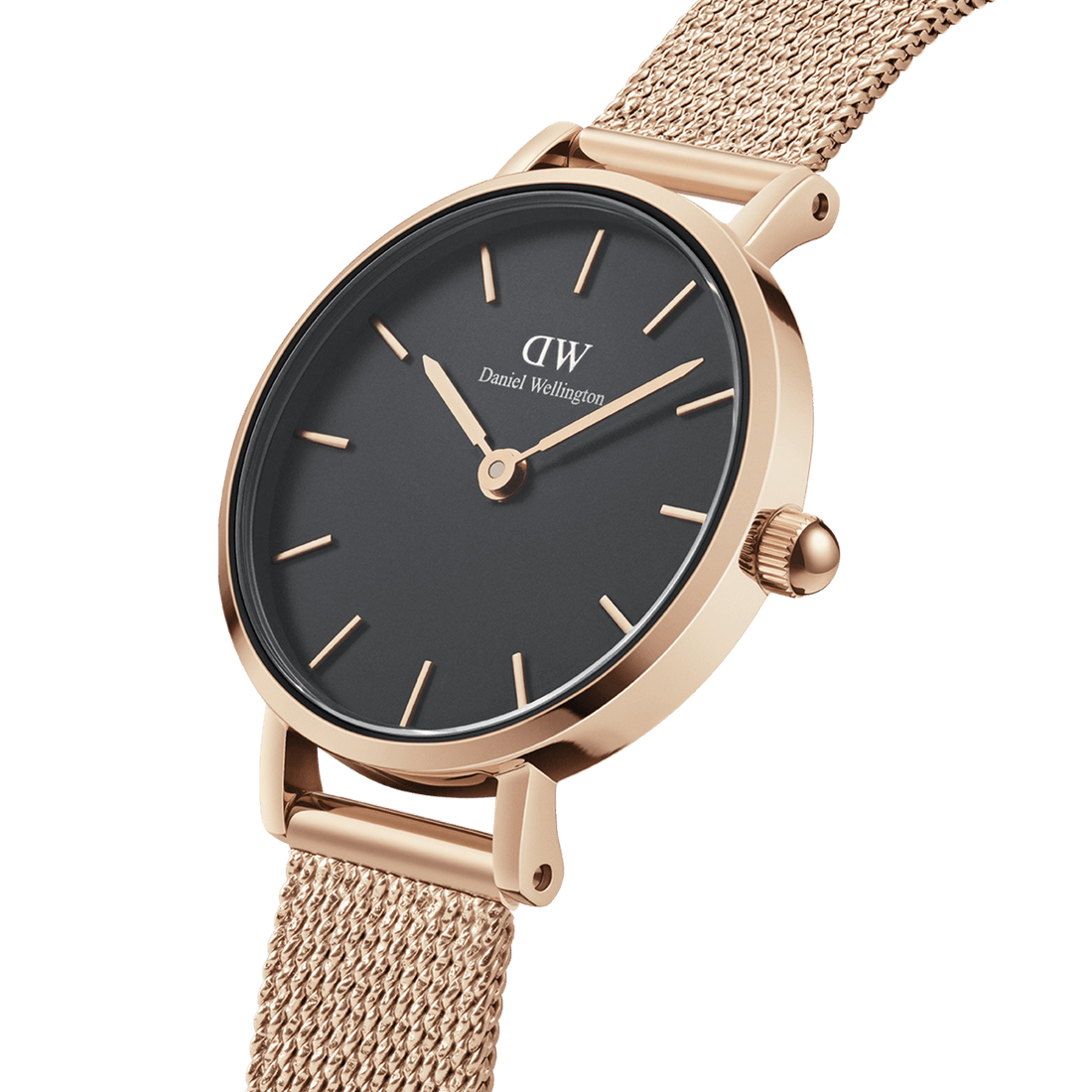 Daniel Wellington Petite Pressed Melrose Black Dial Rose Gold Mesh Strap Watch For Women - DW00100440