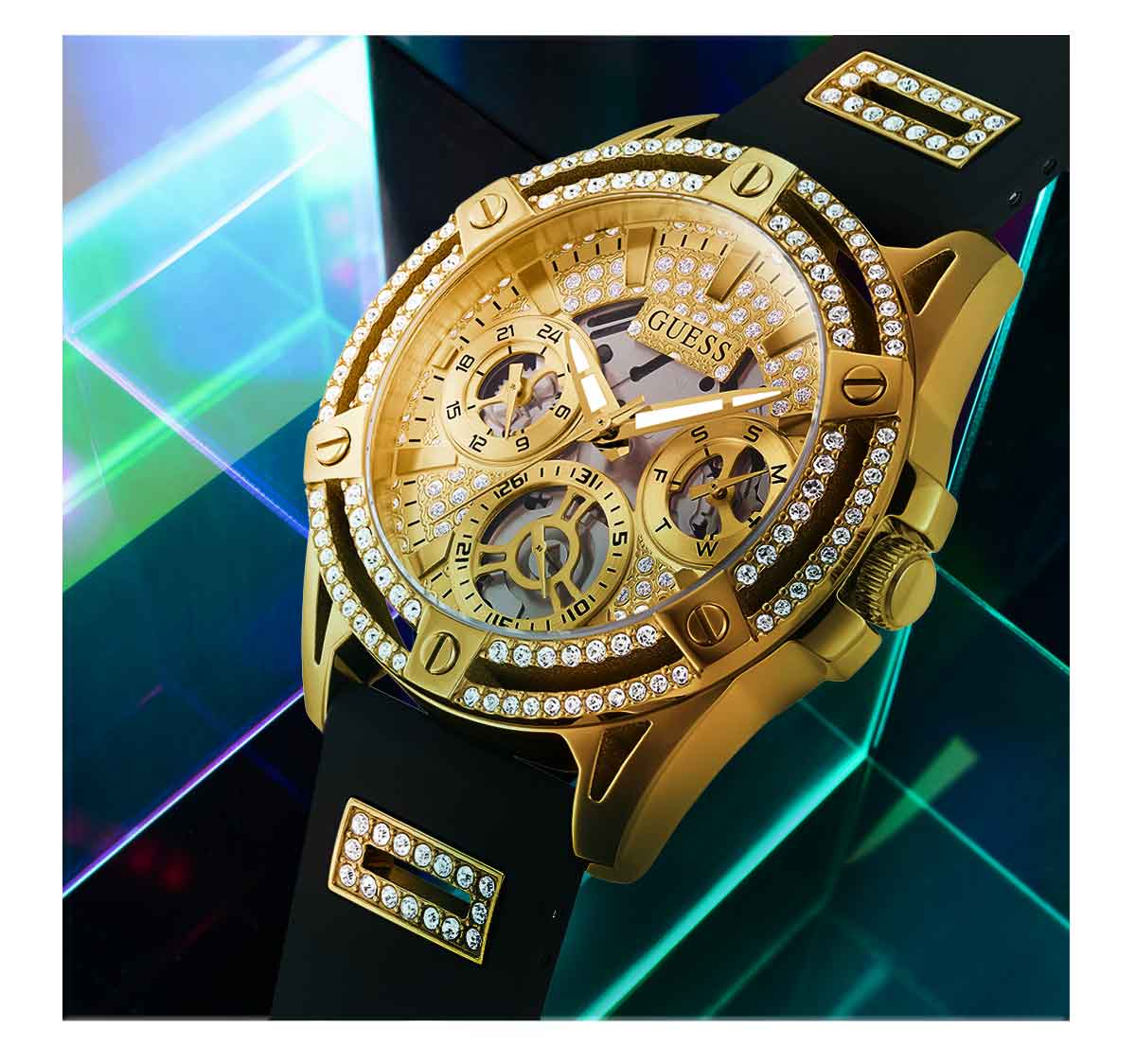 Guess Queen Quartz Gold Dial Black Silicone Strap Watch For Women - GW0536L3