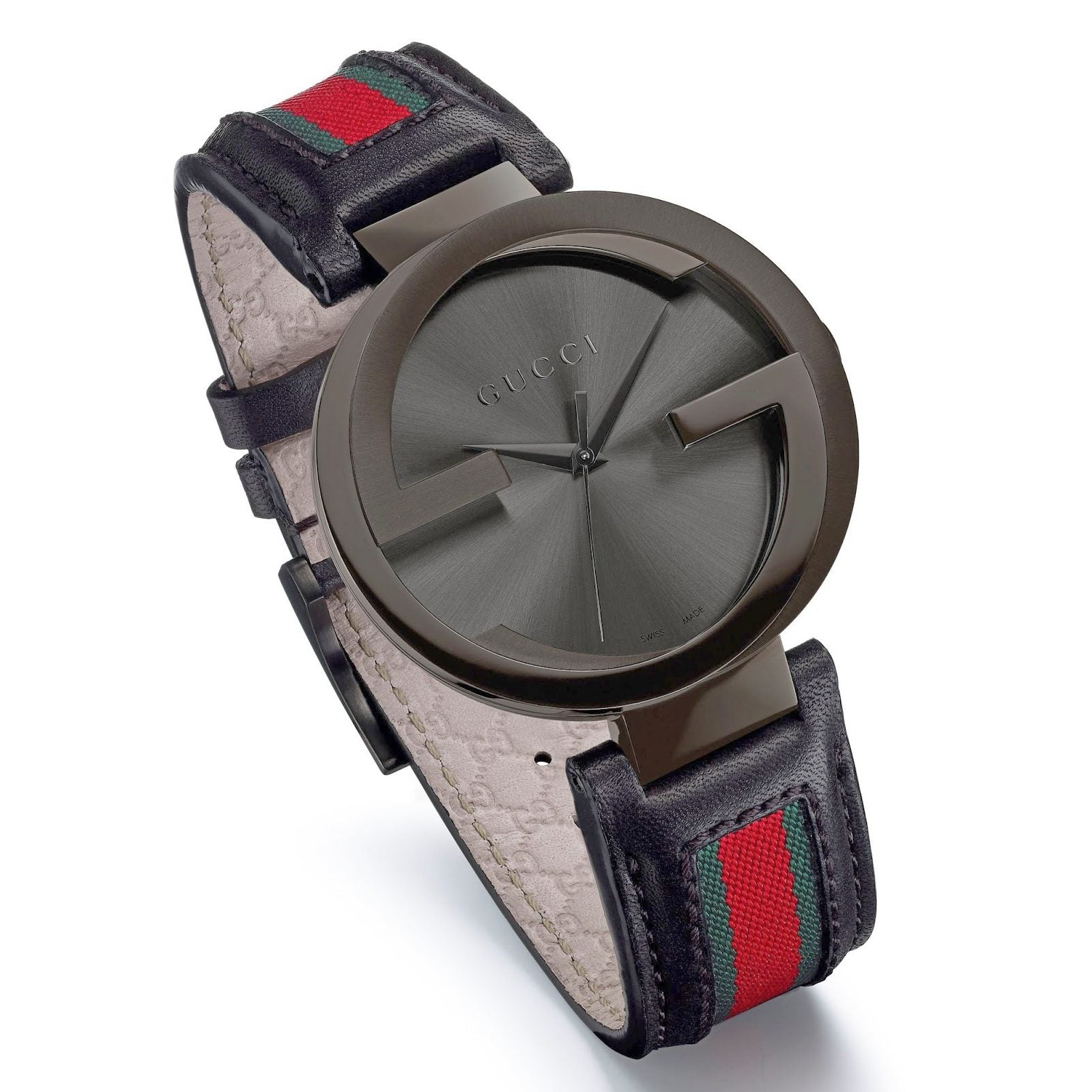 Gucci Interlocking G XL Black Dial Red & Green Leather Strap Watch For Men - YA133206
