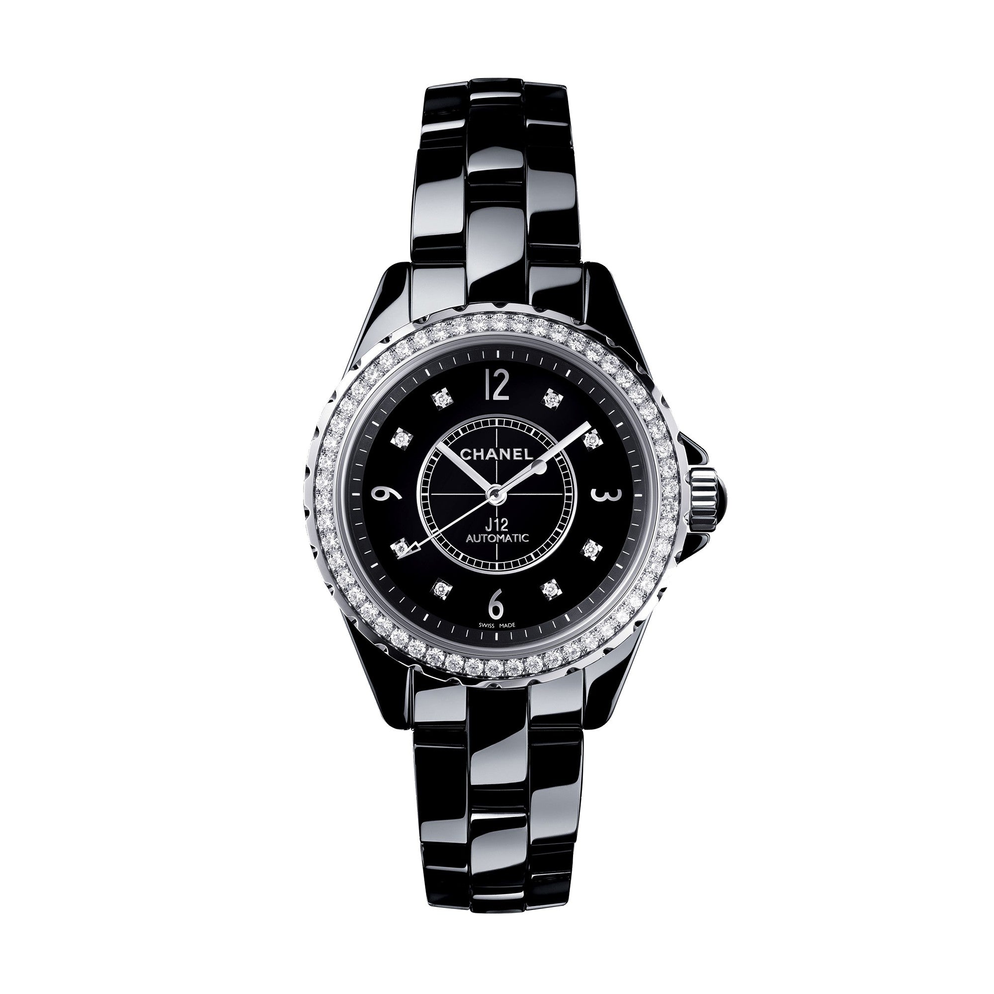 Chanel J12 Diamonds Ceramic Black Dial Black Steel Strap Watch for Women - J12 H3108
