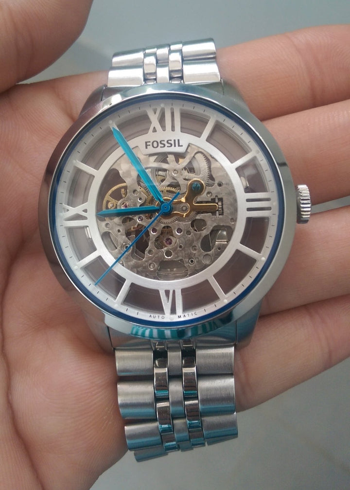Fossil Townsman Automatic Skeleton Silver Dial Silver Steel Strap Watch for Men - ME3044