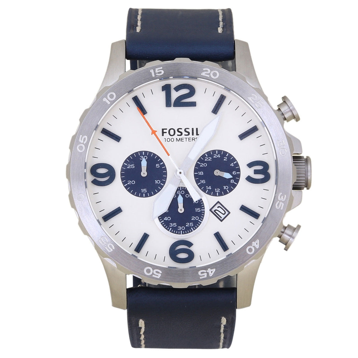 Fossil Nate Chronograph White Dial Blue Leather Strap Watch for Men - JR1480