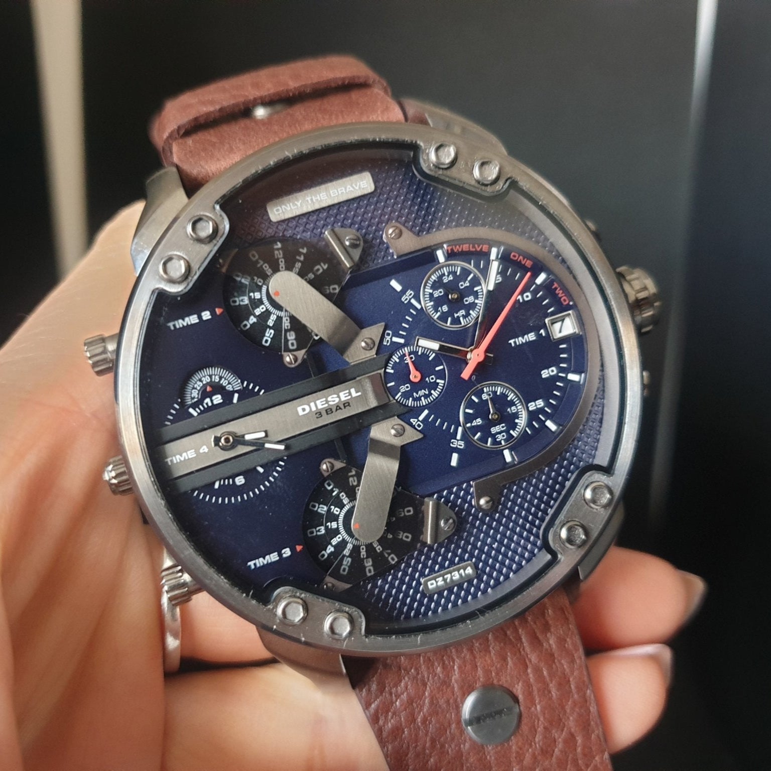 Diesel Mr Daddy Chronograph Blue Dial Brown Leather Strap Watch For Men - DZ7314