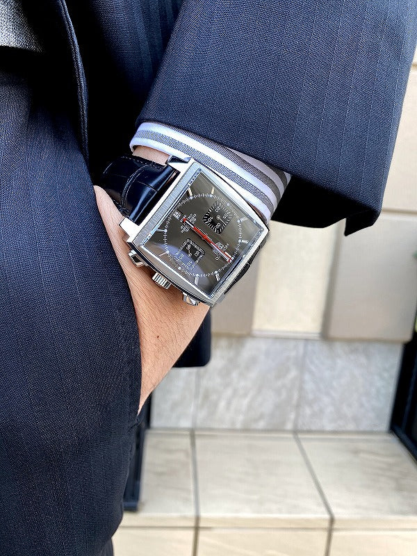 Tag Heuer Monaco Calibre 12 Final Edition Chronograph Grey Dial Black Leather Strap Watch for Men - CAW211J.FC6476