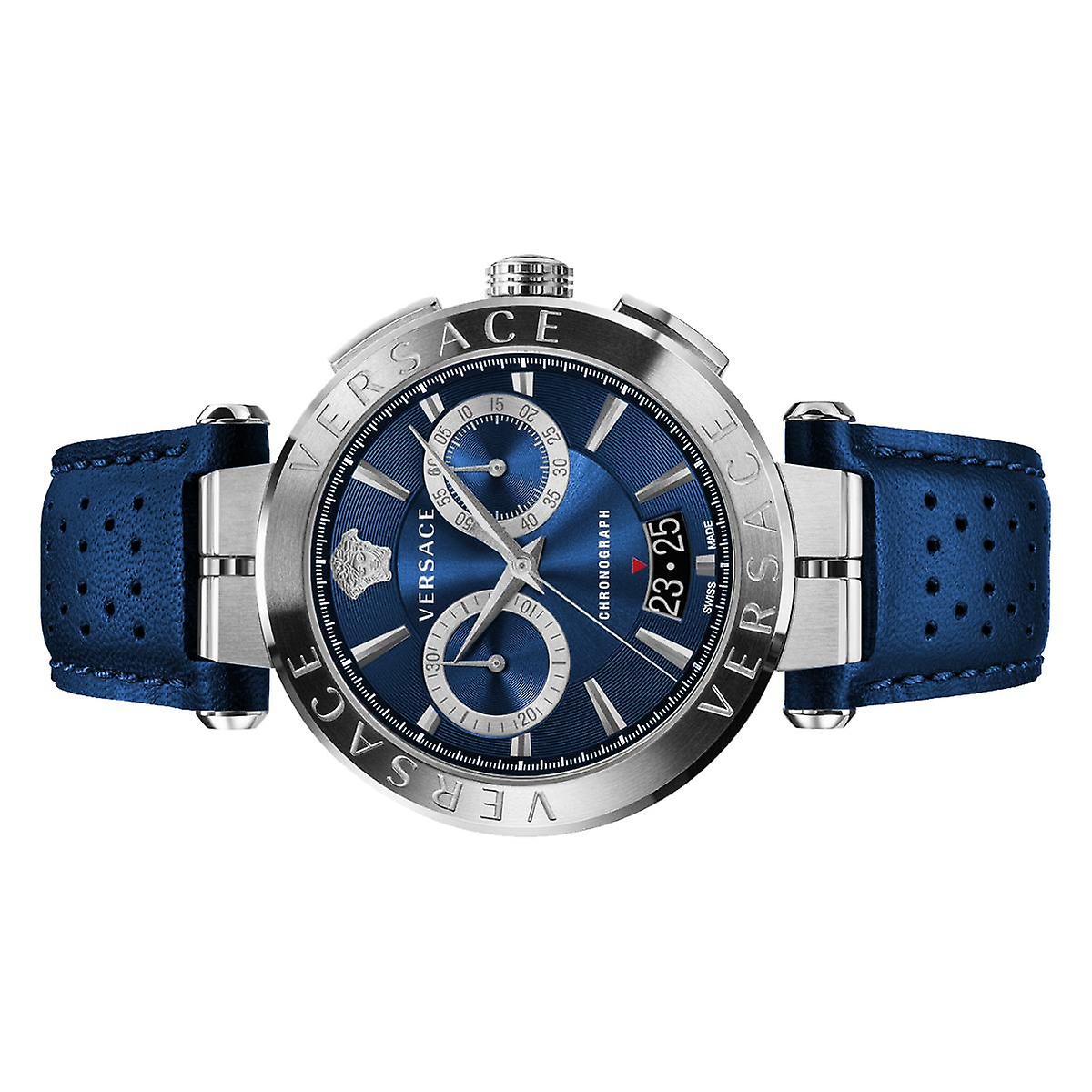 Versace Aion Chronograph Blue Dial Blue Leather Strap Watch for Men - VE1D01220