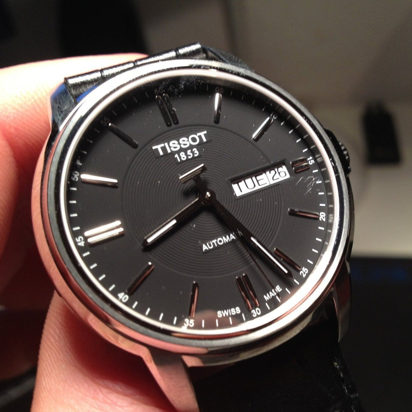 Tissot Automatics III Day Date Black Dial Black Leather Strap Watch For Men - T065.430.16.051.00