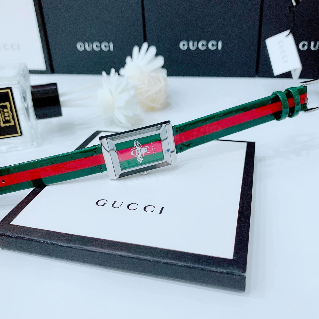 Gucci G Frame Quartz Green & Red Mother of Pearl Dial Multicolor Leather Strap Watch For Women - YA147408