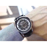 Emporio Armani Luigi Silver Skeleton Dial Black Leather Strap Watch For Men - AR1981