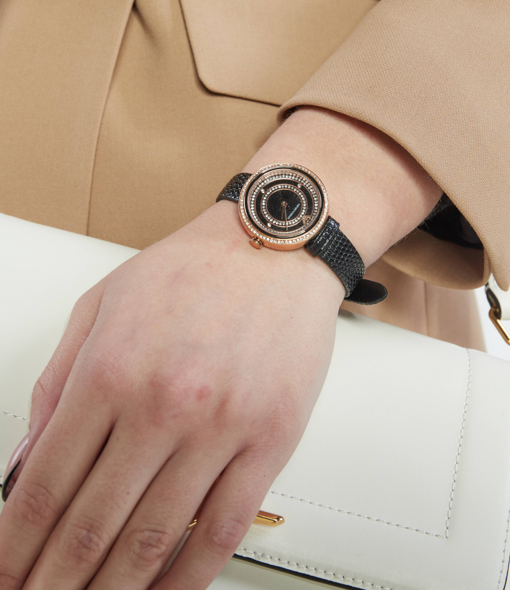 Emporio Armani Rosa Two Hand Black Dial Black Leather Strap Watch For Women - AR11493