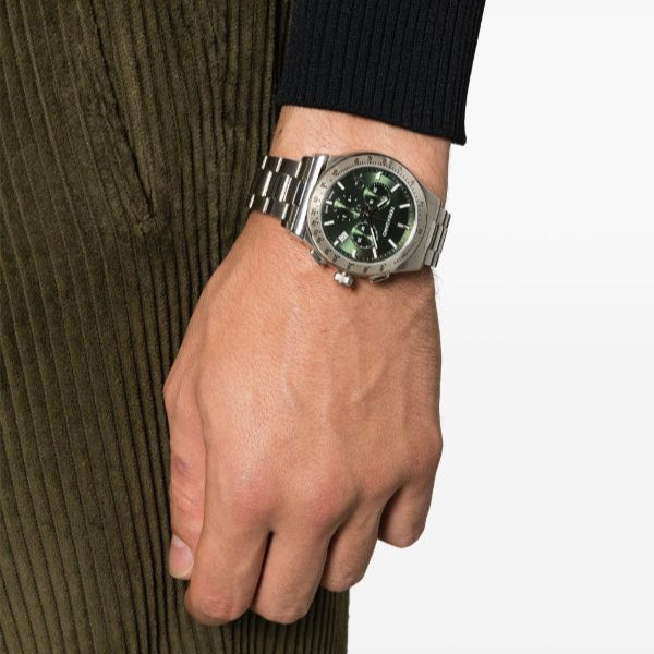 Salvatore Ferragamo 1927 Chrono Green Dial Silver Steel Strap Watch for Men - SFKZ00423