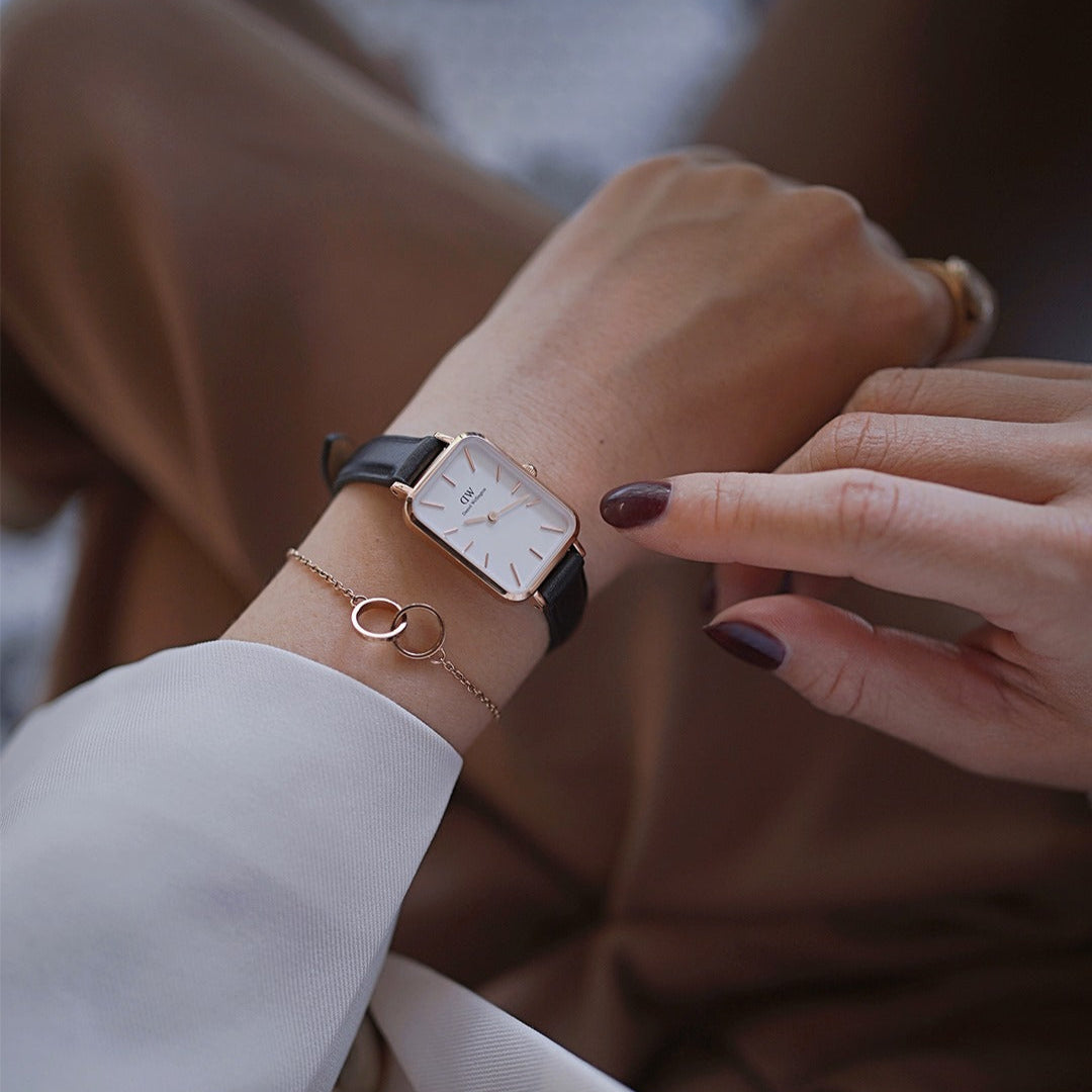 Daniel Wellington Quadro White Dial Black Leather Strap Watch For Women - DW00100434