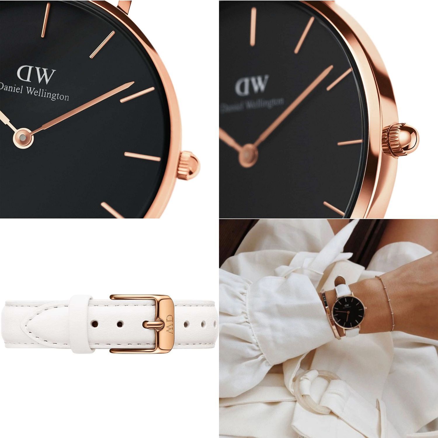Daniel Wellington Classic Petite Bondi Black Dial White Leather Strap Watch For Women - DW00100283