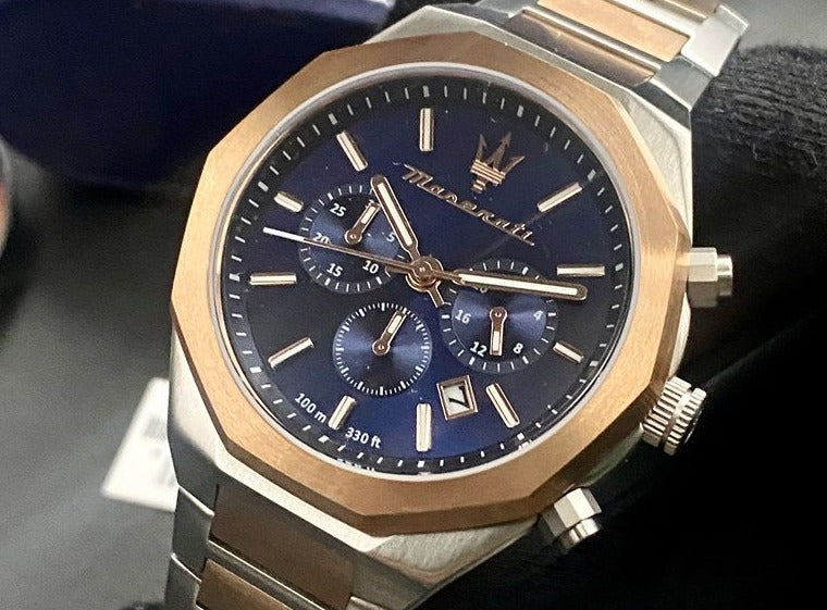 Maserati Stile Chronograph Blue Dial Rose Gold Two Tone Strap Watch For Men - R8873642002