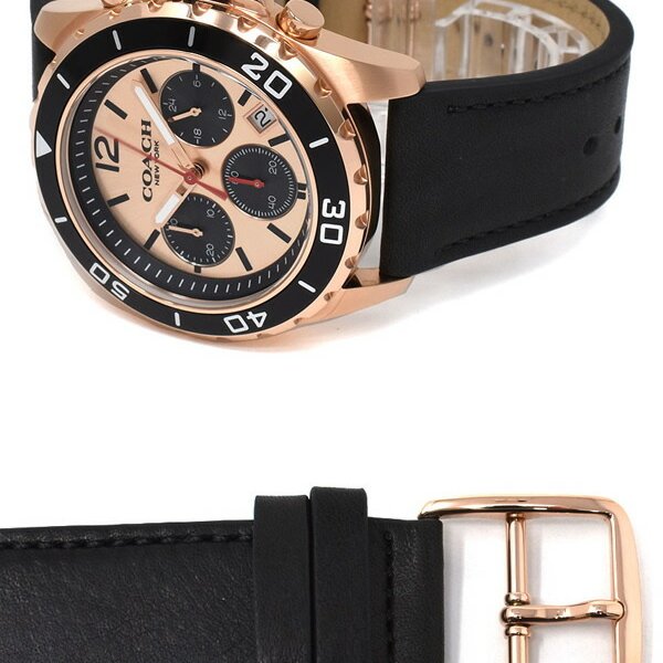 Coach Kent Chronograph Rose Gold Dial Black Leather Strap Watch for Men - 14602559