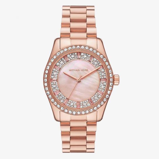 Michael Kors Lexington Three Hand Mother of Pearl Pink Dial Rose Gold Steel Strap Watch For Women - MK7444
