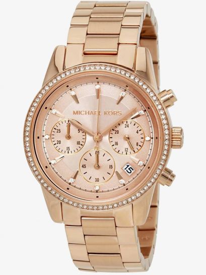 Michael Kors Ritz Chronograph Rose Gold Dial Rose Gold Steel Strap Watch for Women - MK6357