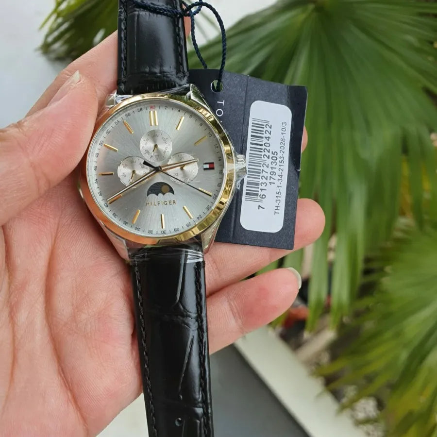 Tommy Hilfiger Oliver Analog Silver Dial Black Leather Strap Watch for Men - 1791305
