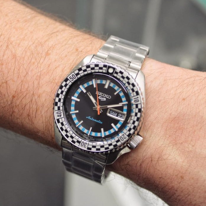 Seiko 5 Sports Checker Flag Special Edition Black Dial Silver Steel Strap Watch For Men - SRPK67K1