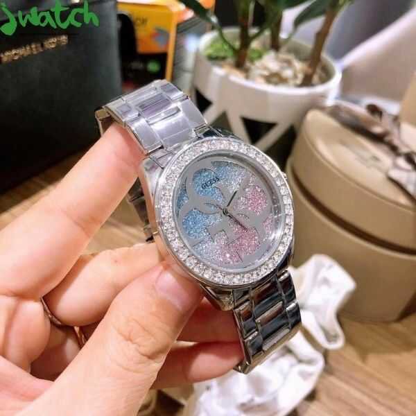 Guess G Twist Diamonds Silver Dial Silver Steel Strap Watch For Women - W1201L1