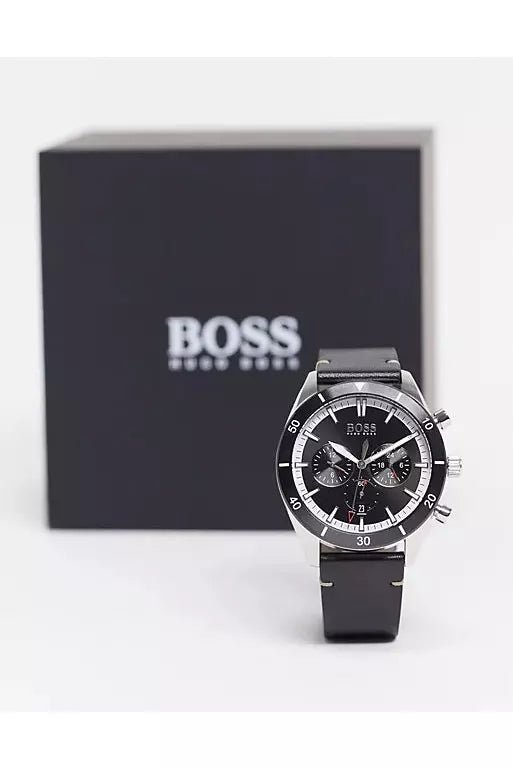 Hugo Boss Chronograph Black Dial Black Leather Strap Watch for Men - 1513864
