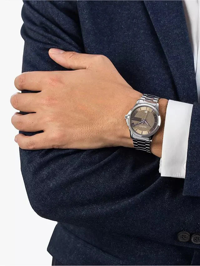 Gucci G Timeless Brown Dial Silver Steel Strap Watch For Men - YA126445