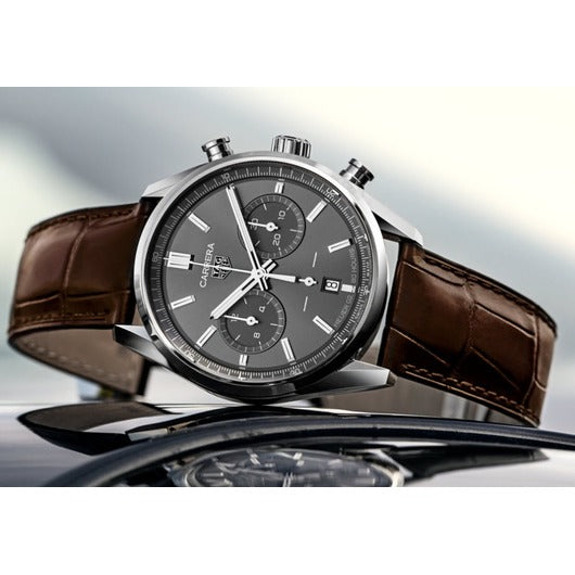 Tag Heuer Carrera Chronograph Grey Dial Brown Leather Strap Watch for Men - CBN2012.FC6483
