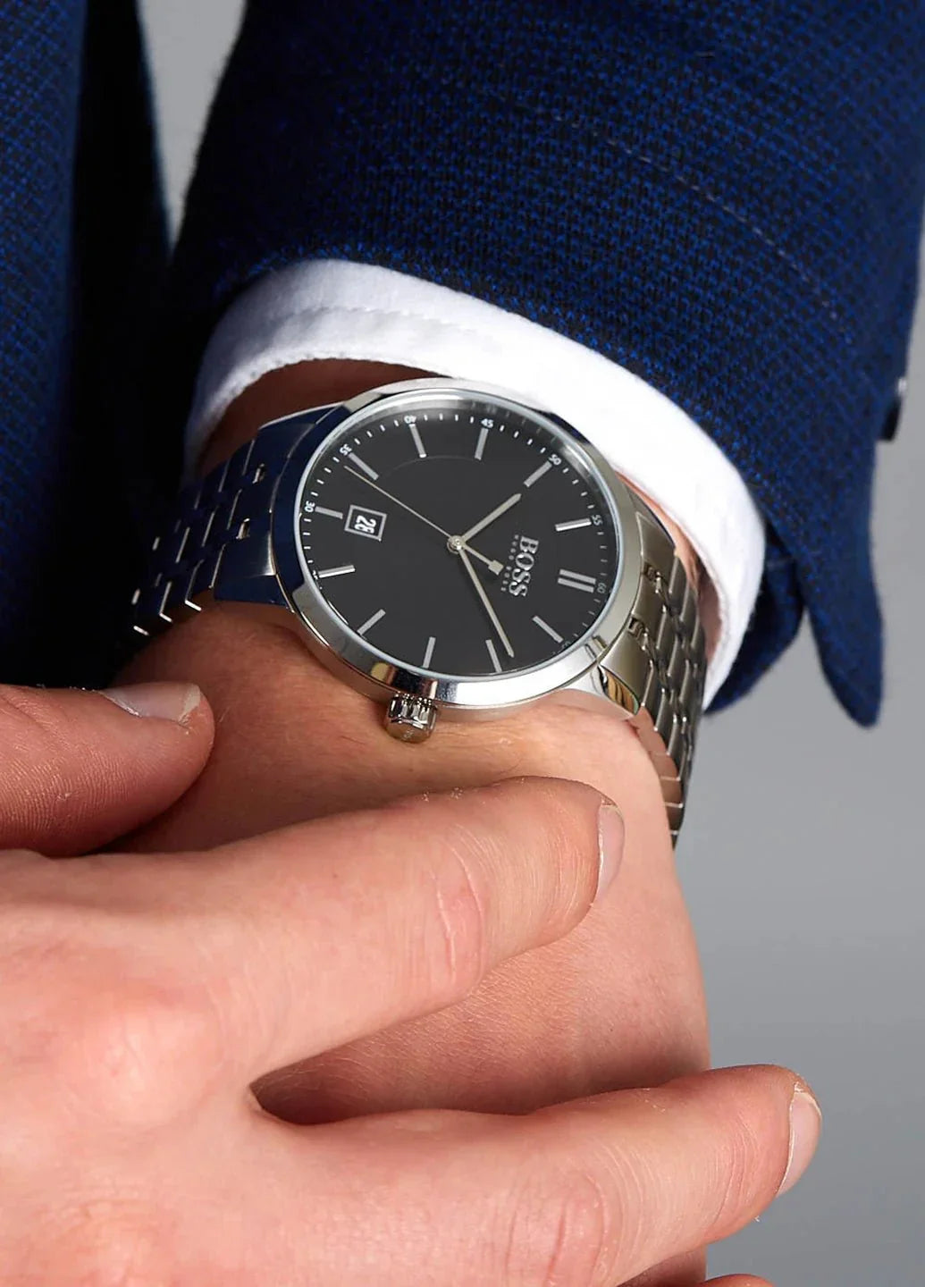 Hugo Boss Officer Black Dial Silver Steel Strap Watch for Men - 1513614