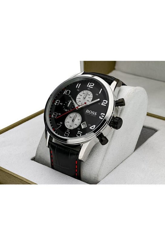 Hugo Boss Navigator Black Dial Black Leather Strap Watch for Men - 1513535