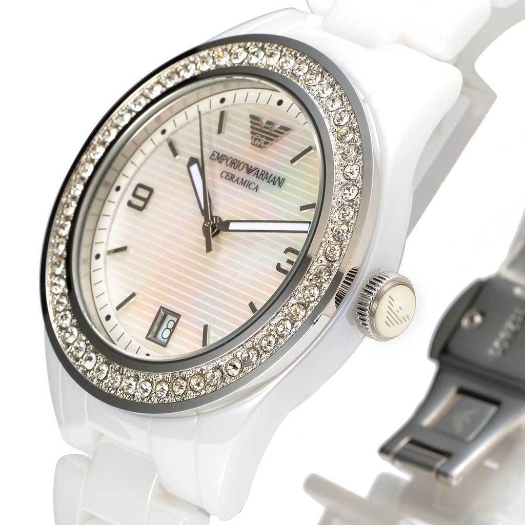 Emporio Armani Ceramica White Mother of Pearl Dial Stainless Steel Strap Watch For Women - AR1426