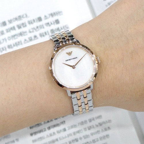 Emporio Armani Modern Slim Analog Mother of Pearl Dial Two Tone Steel Strap Watch For Women - AR11157