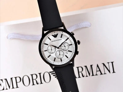 Emporio Armani Chronograph Quartz Silver Dial Black Rubber Strap Watch For Men - AR11048
