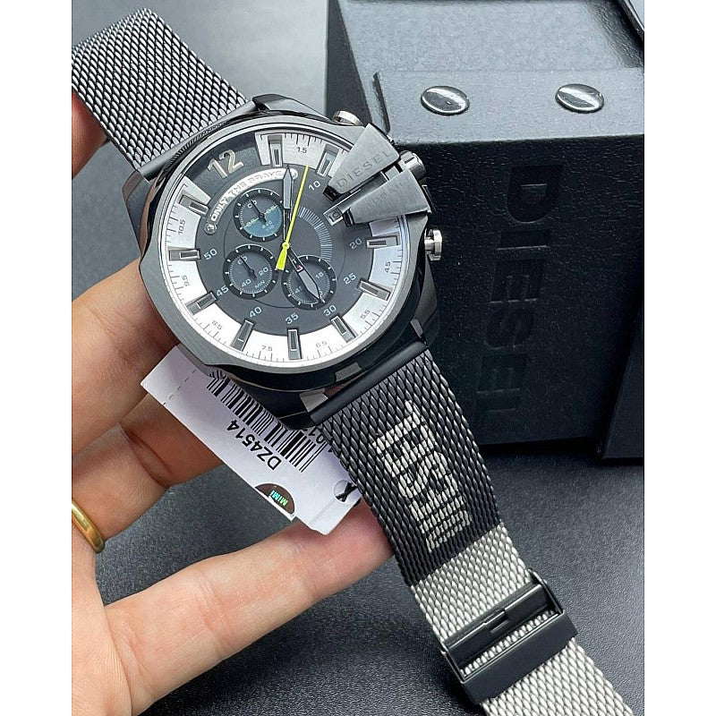Diesel Mega Chief Chronograph Black Dial Black Mesh Bracelet Watch For Men - DZ4514