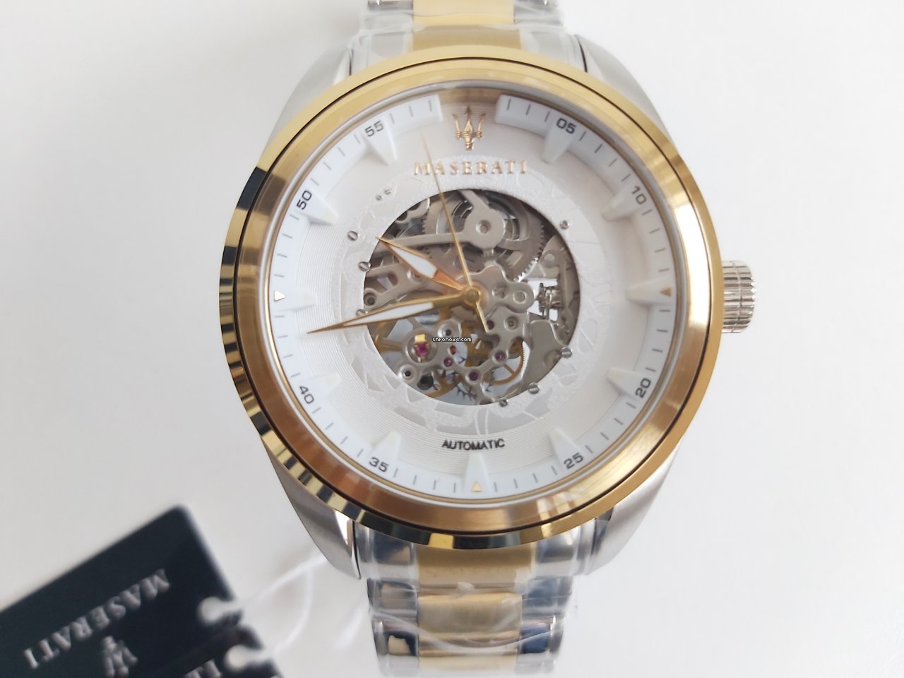 Maserati Traguardo Automatic White Skeleton Dial Two Tone Steel Strap Watch For Men - R8823112003