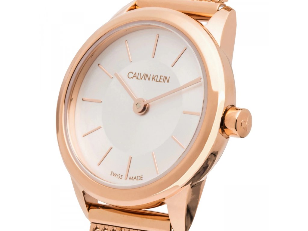 Calvin Klein Minimal White Dial Rose Gold Mesh Bracelet Watch for Women - K3M23626